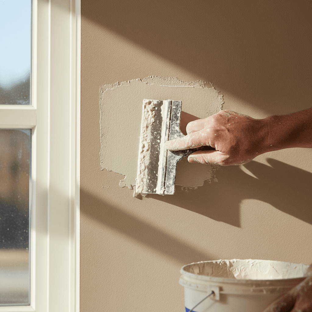 Drywall repair in progress with spackling application